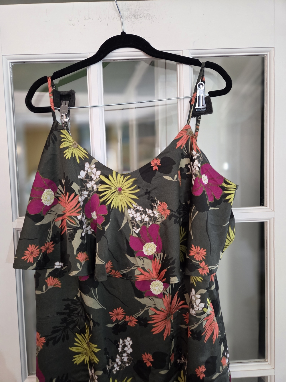 Banana Republic Olive Green Floral Spaghetti-Strap Dress - Size 14 - Picture 6 of 10